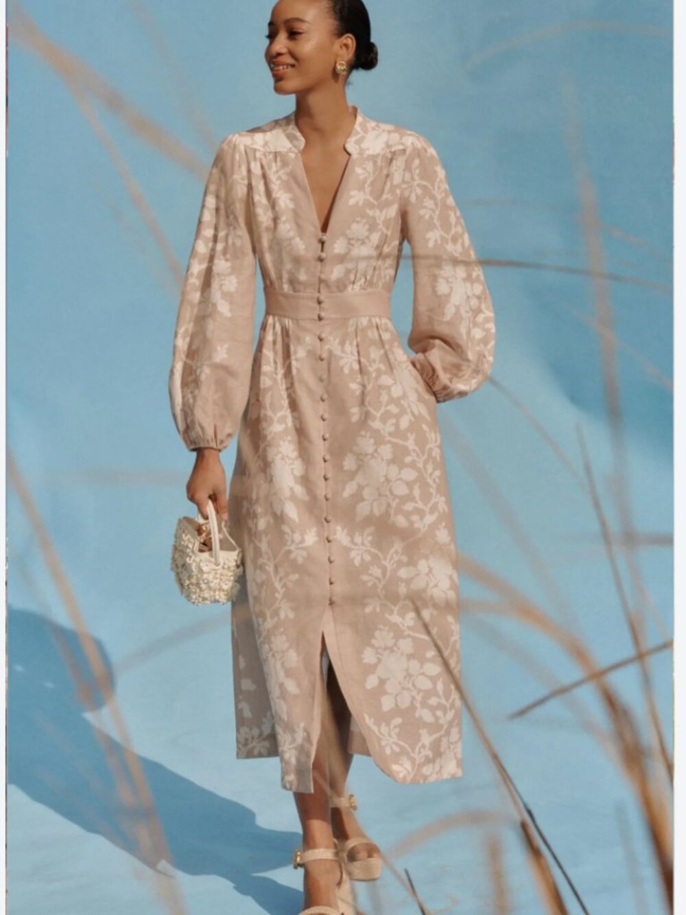 Tuckernuck Sand Floral Stripe Serena Dress Midi Linen Cotton V Neck Beige Medium